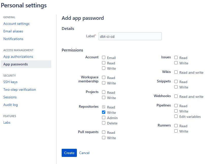 Bitbucket repository app password scope settings screenshot