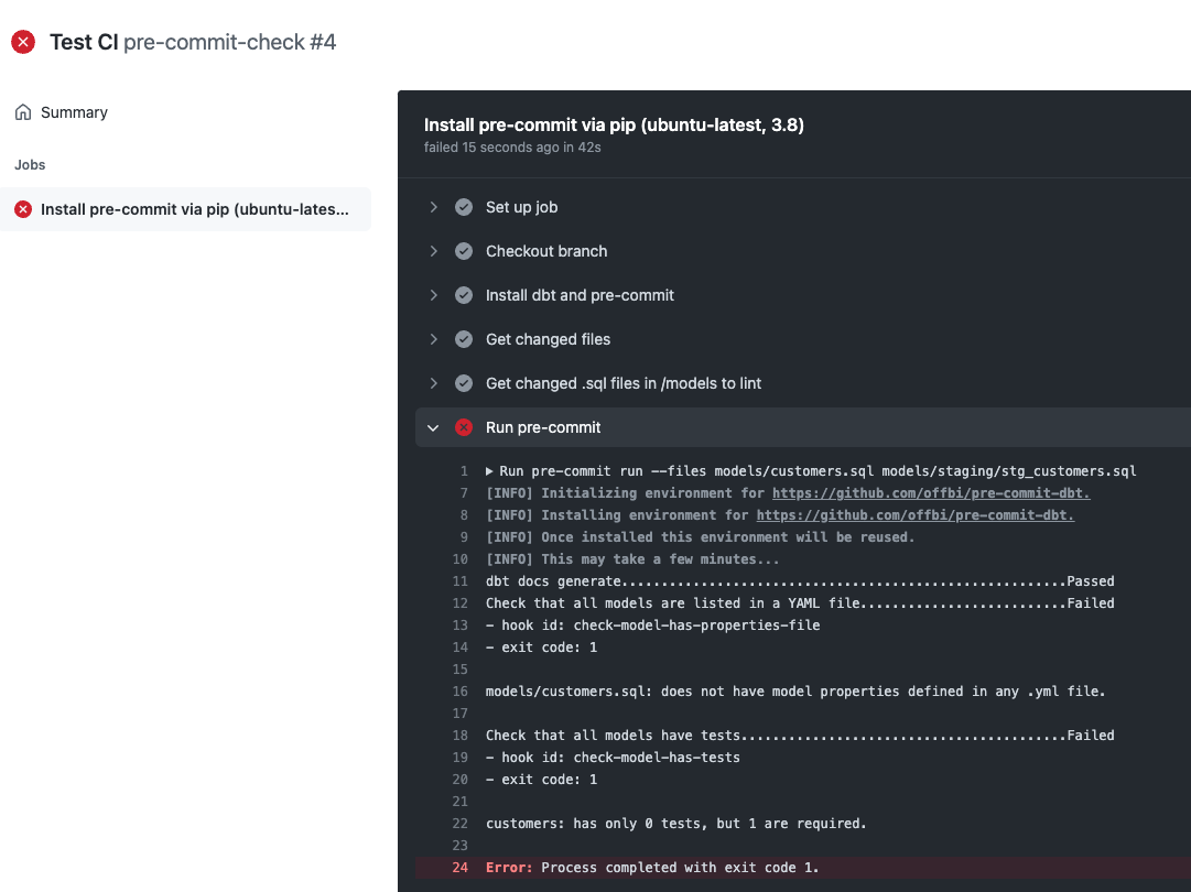 Screenshot of the errors logs for the failed pre-commit-check test on the PR shown previously
