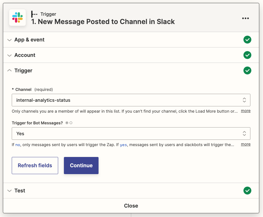Screenshot of the Zapier UI, showing the correctly configured Message trigger step