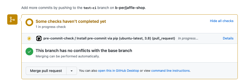 Screenshot of a GitHub action executing on a PR that is running the pre-commit-check test