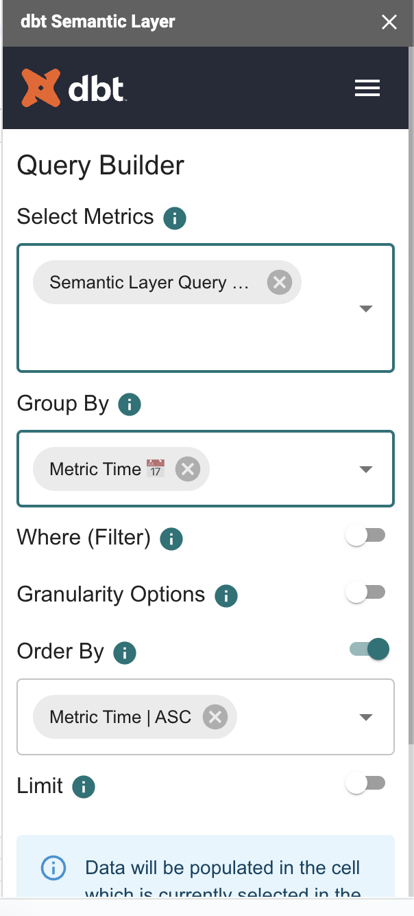 Semantic Layer query builder in Google Sheets