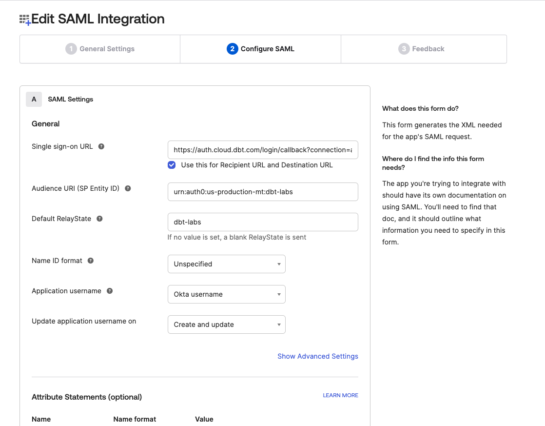 Configure the app's SAML Settings