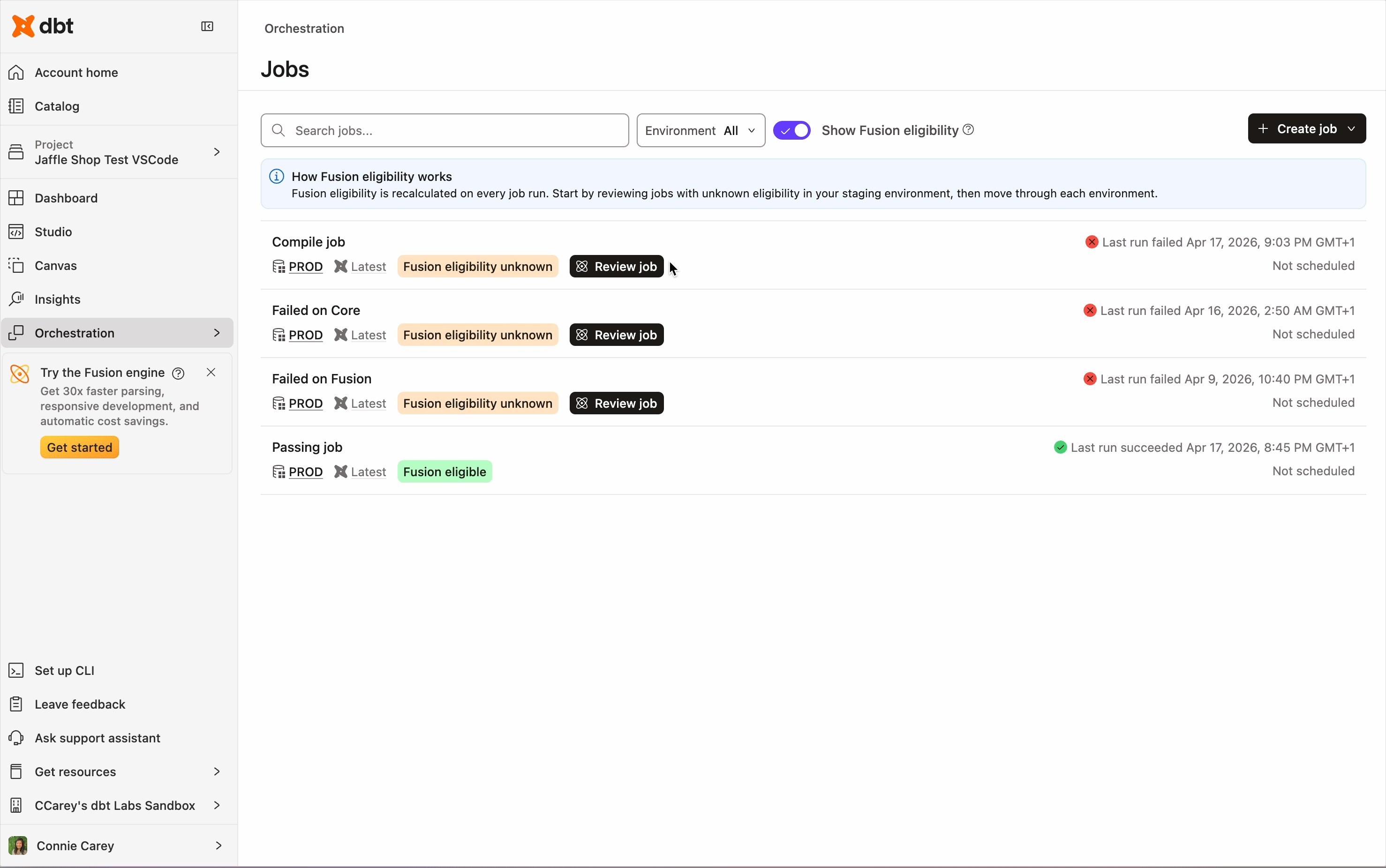 The Developer Agent's fusion migration workflow triaging and fixing Fusion compatibility errors in the Studio IDE.
