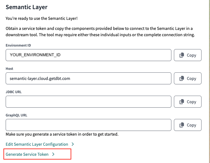 Access your Environment ID, Host, and URLs in your dbt Cloud Semantic Layer settings. Generate a service token in the Semantic Layer settings or API tokens settings
