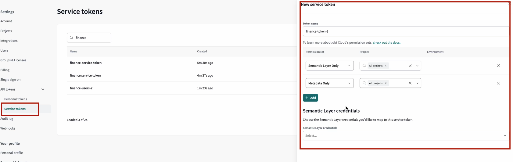 Create a new service token and map credentials directly on the separate 'Service tokens page'.