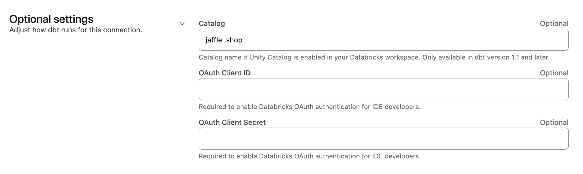 Adding Databricks OAuth application client ID and secret to dbt Cloud