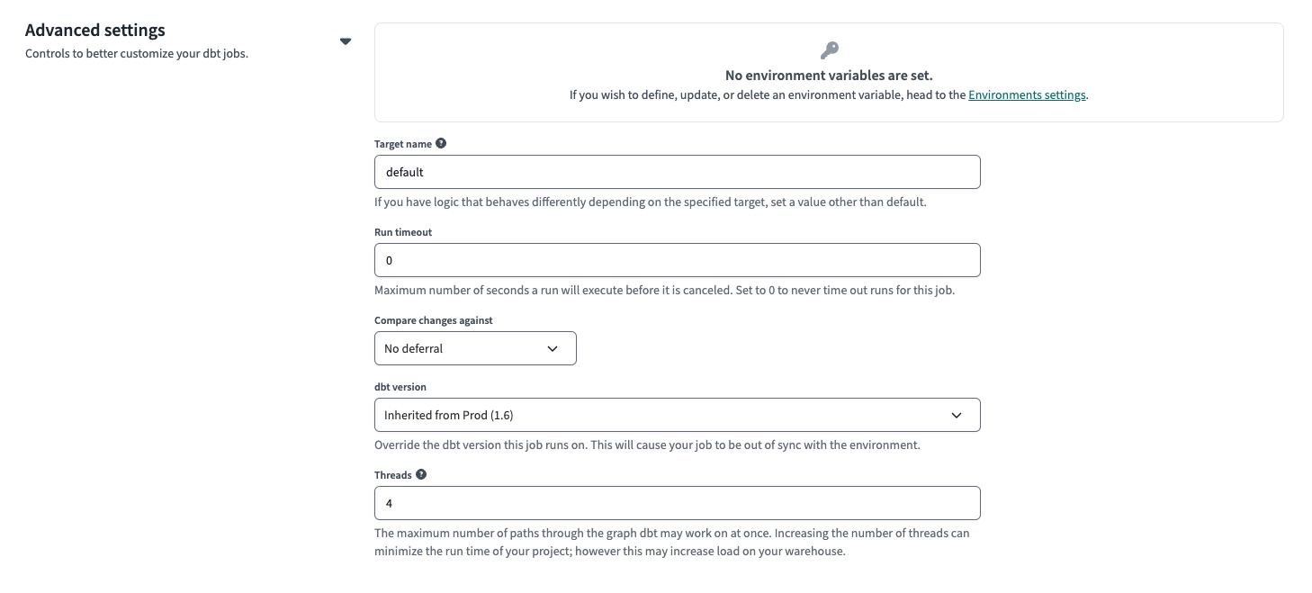 Example of Advanced Settings on the Deploy Job page