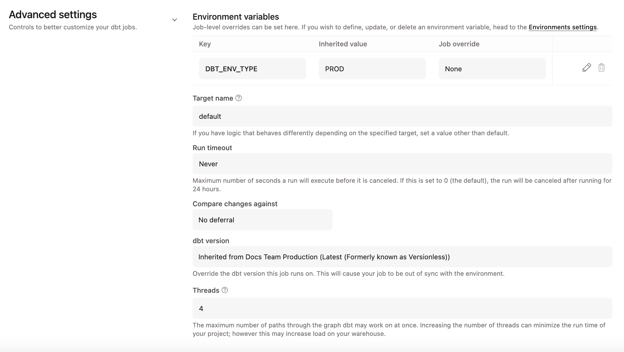 Example of Advanced Settings on the Deploy Job page