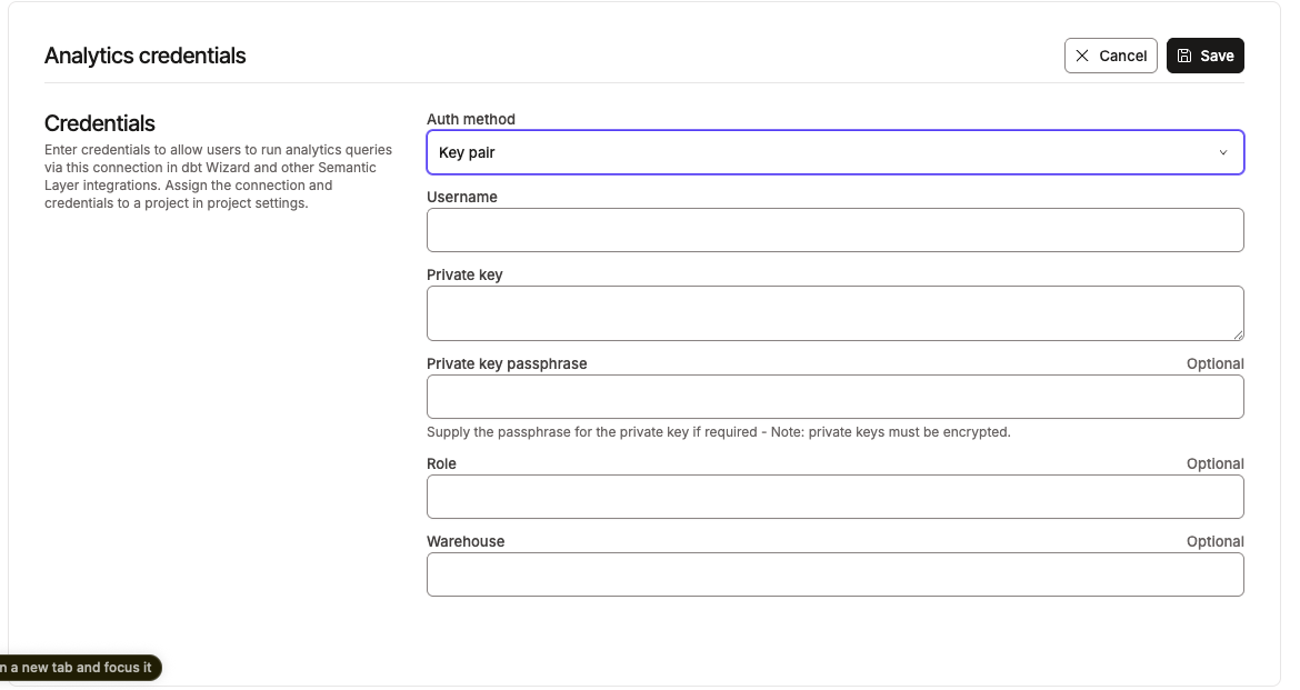 Analytics credentials with Key pair selected as the auth method