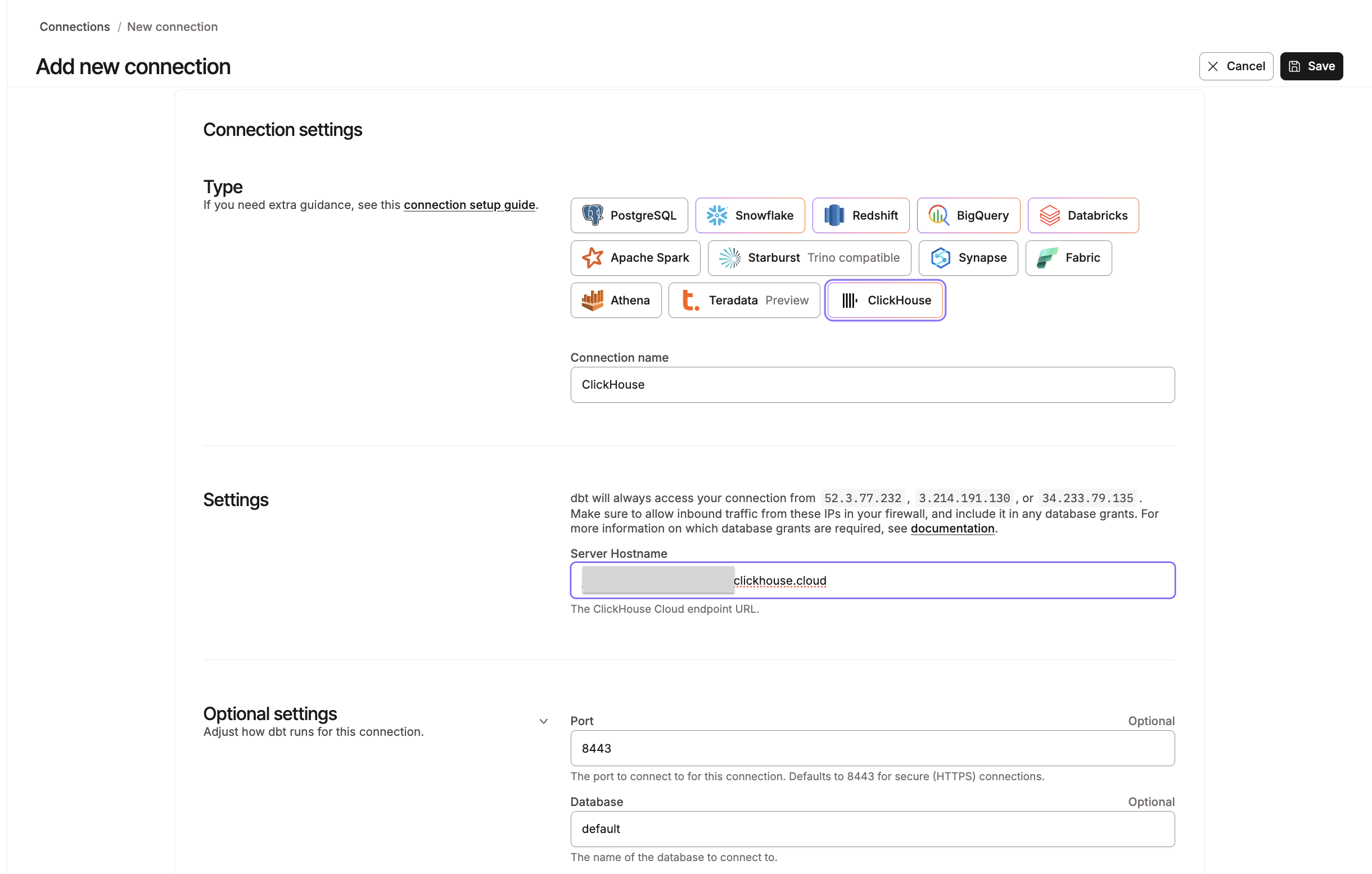 Example of the ClickHouse connection fields.