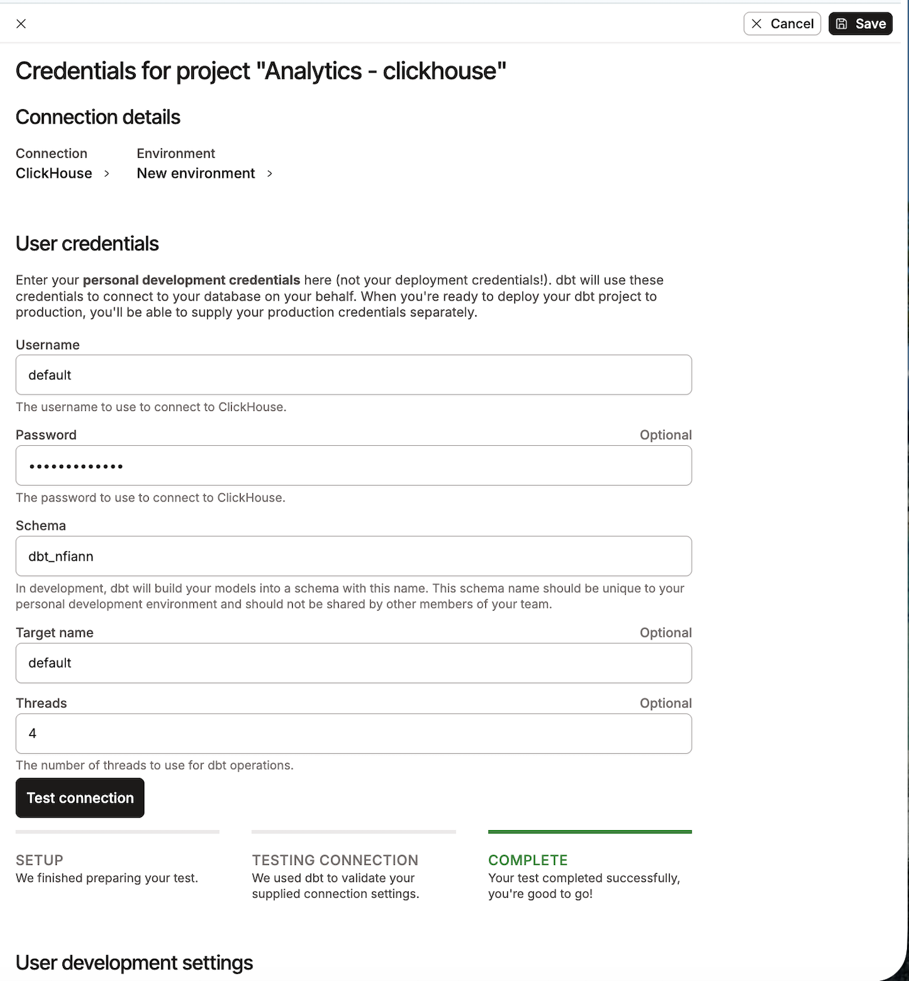 Example of the ClickHouse user credential fields.