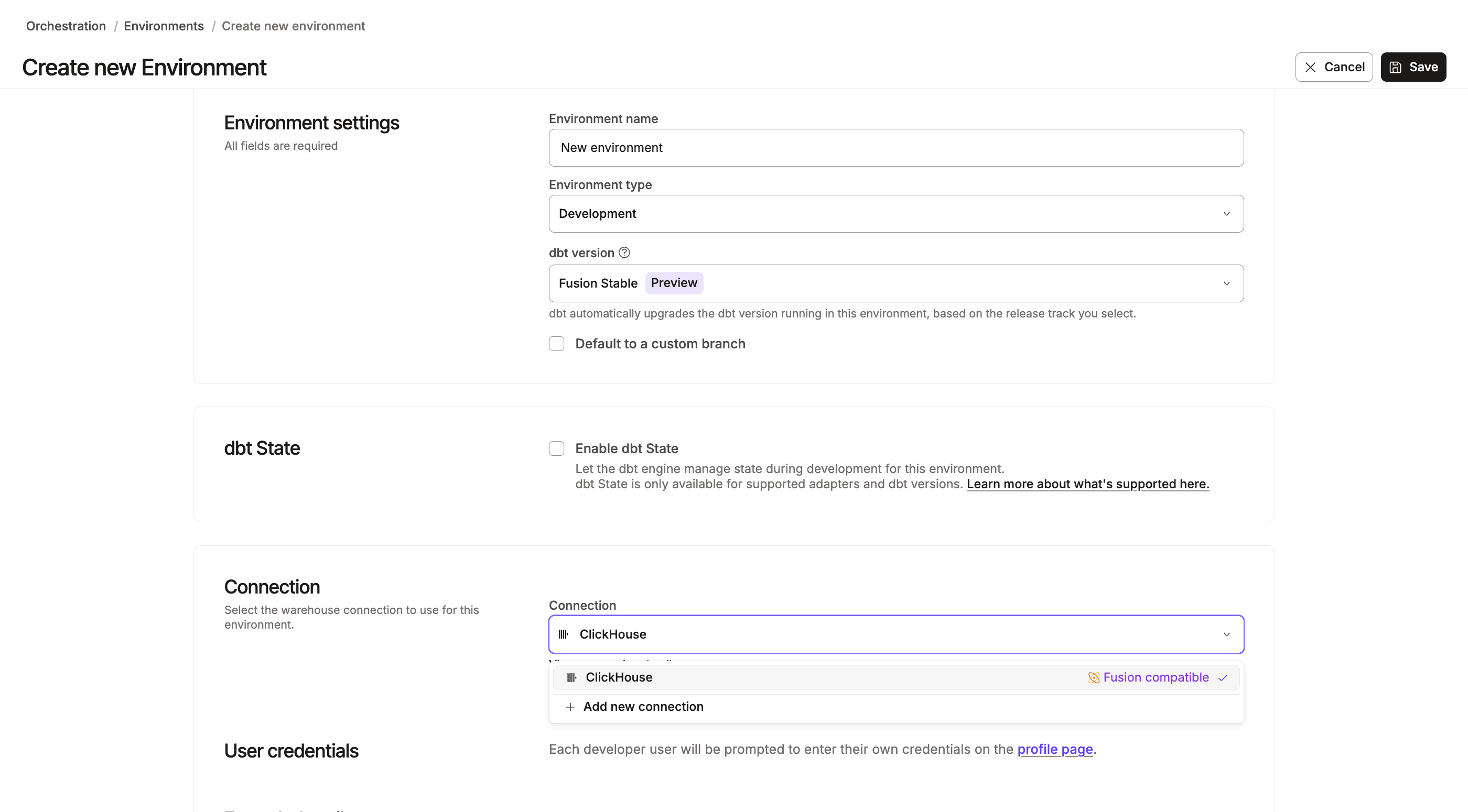 Select the ClickHouse connection for the development environment.