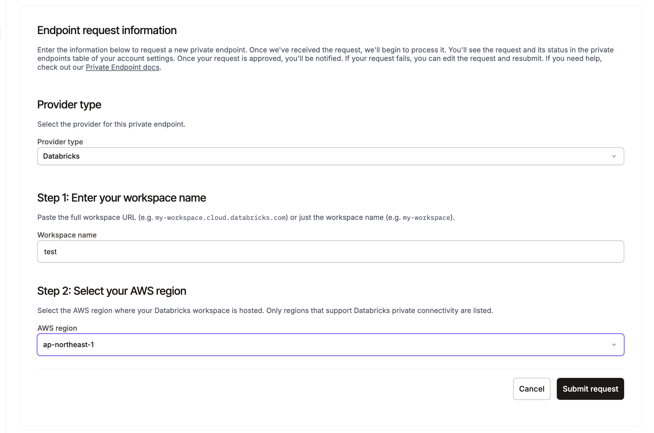 Databricks endpoint request form showing Provider type, workspace name, and AWS region fields