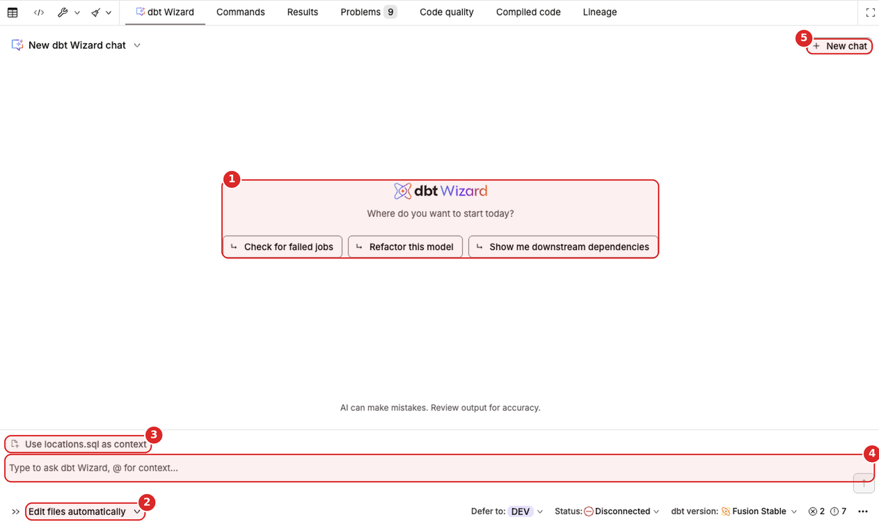 The Wizard panel in the Studio IDE showing quick-action buttons, text input field, and agent mode controls.