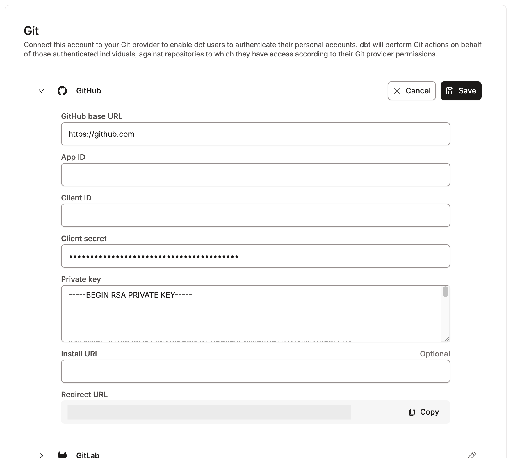 Adding your own GitHub application under Account settings, Integrations, Git