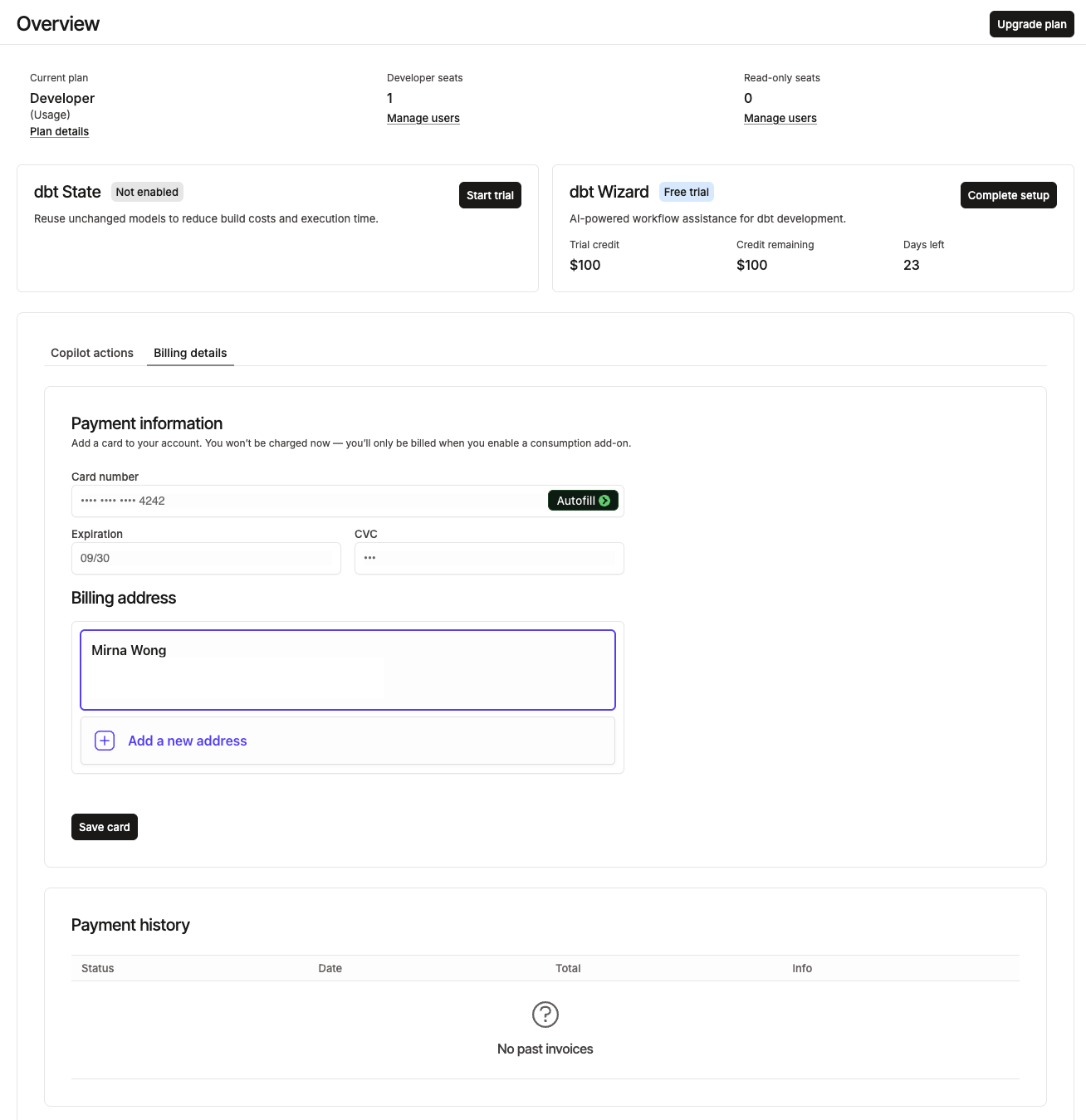 The Add billing page, showing a credit card form and a complete billing setup flow