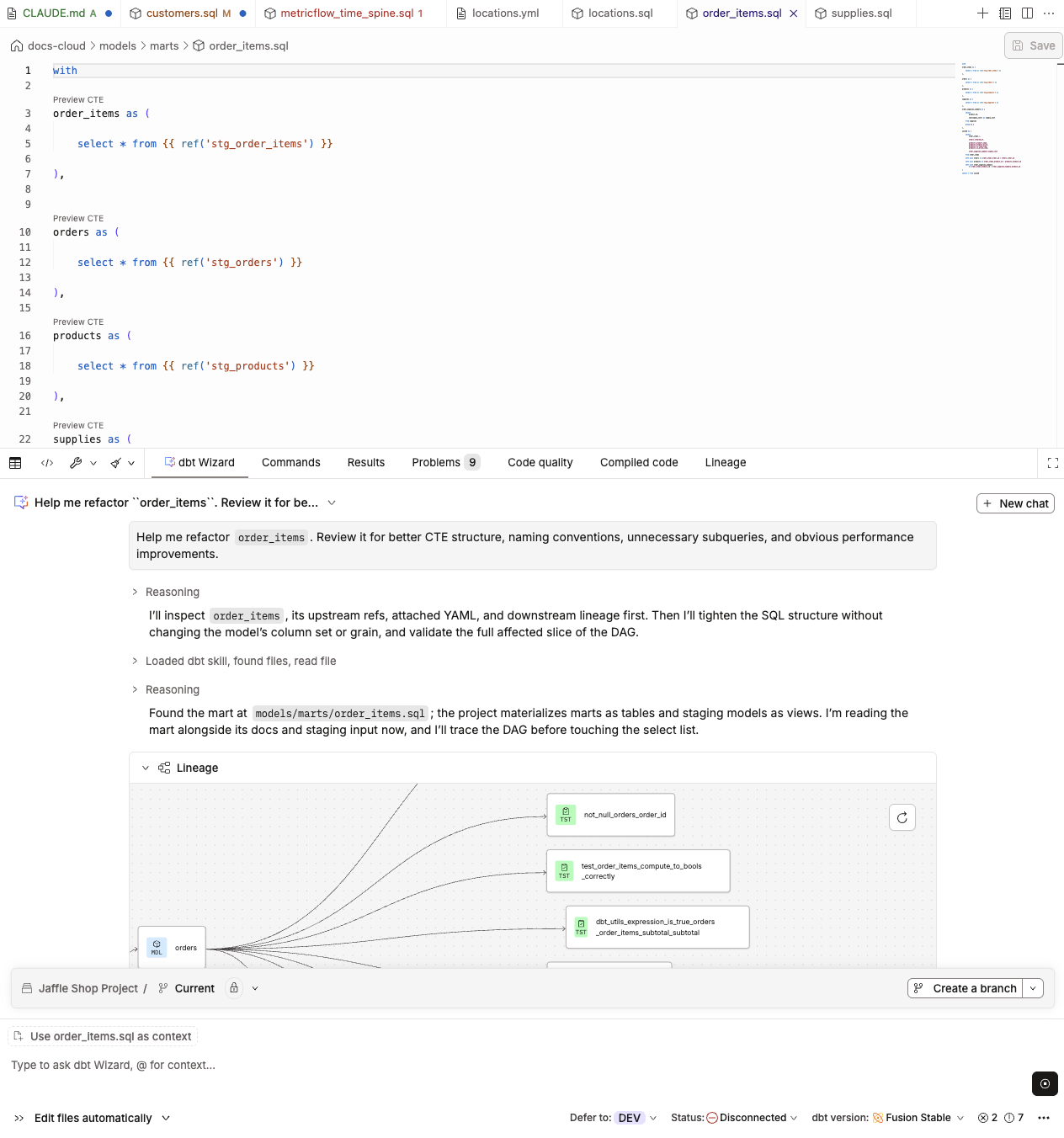 dbt Wizard refactoring a model and displaying the lineage inside the chat interface. dbt Wizard refactoring a model and displaying the lineage inside the chat interface.