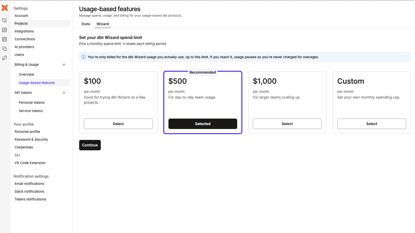 The Set your dbt Wizard spend limit page, showing pre-set monthly options, a Custom option, and an auto-raise toggle