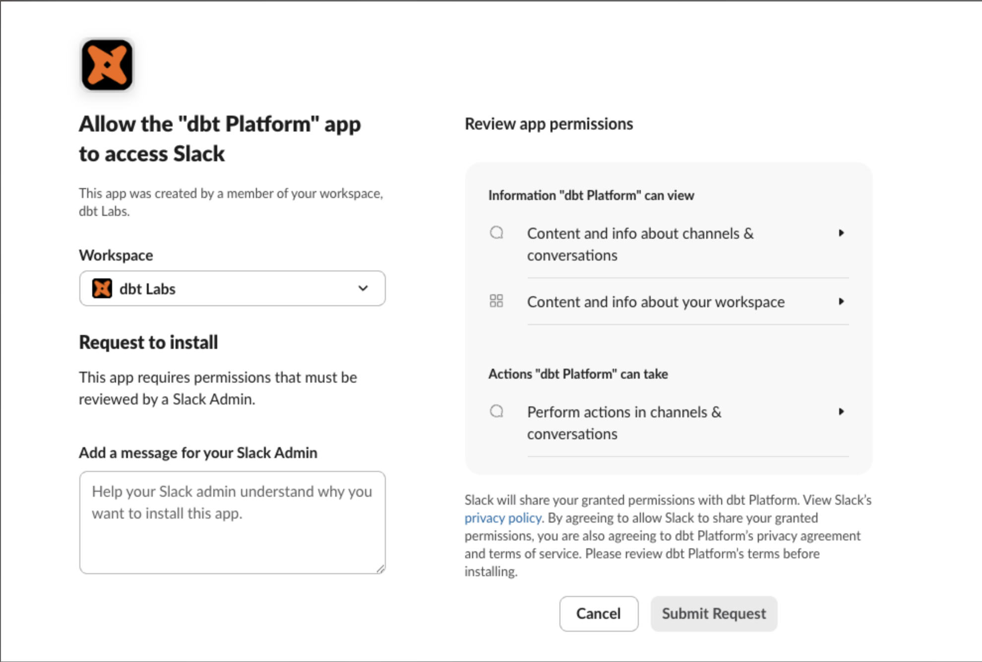 Example of private channel invite guidance for the dbt platform app