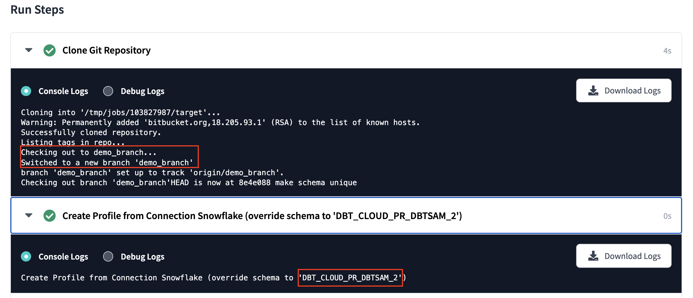 dbt job showing it was triggered by Bitbucket dbt job showing it was triggered by Bitbucket