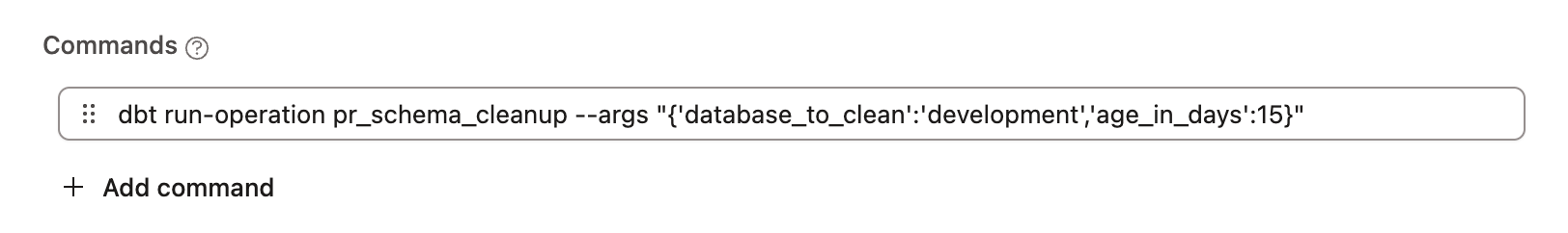 dbt job showing the run operation command for the cleanup macro