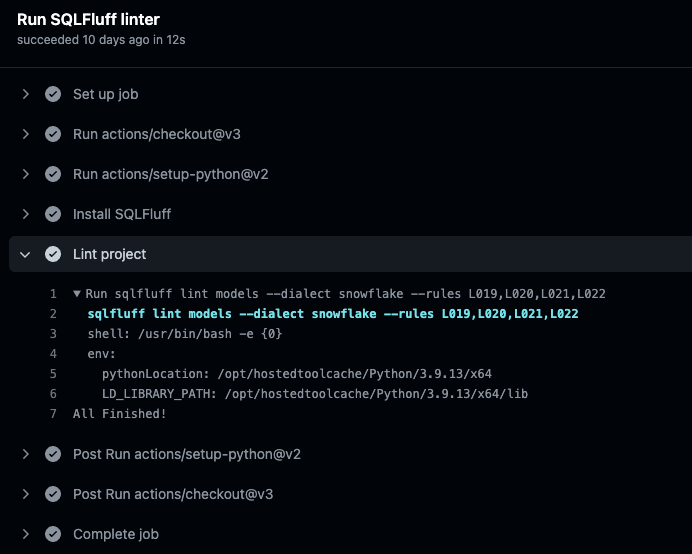 Image showing the logs in GitHub for the SQLFluff run Image showing the logs in GitHub for the SQLFluff run