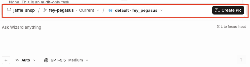 You can find the dbt project, git worktree name, branch, target, and schema above the chat composer