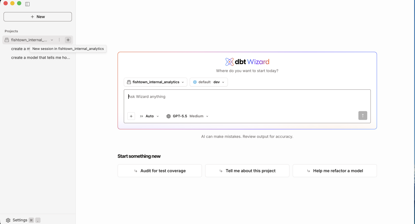 The dbt Wizard home screen