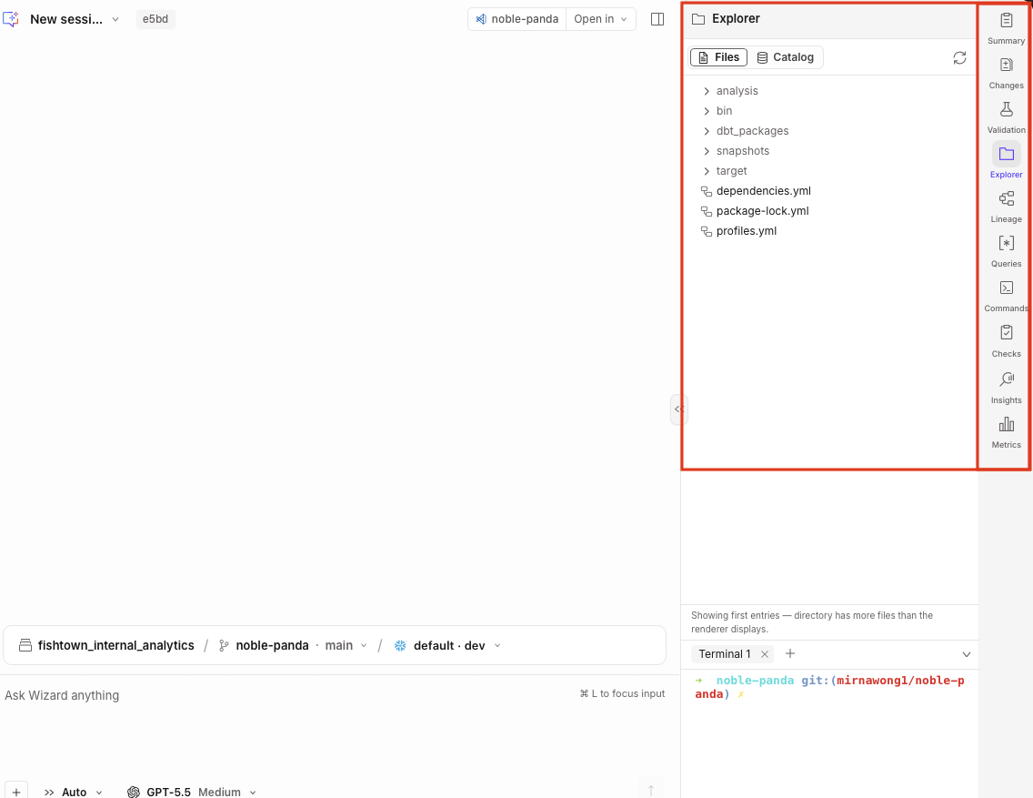 Select an icon in the right hand pane rail to open a pane in the side panel