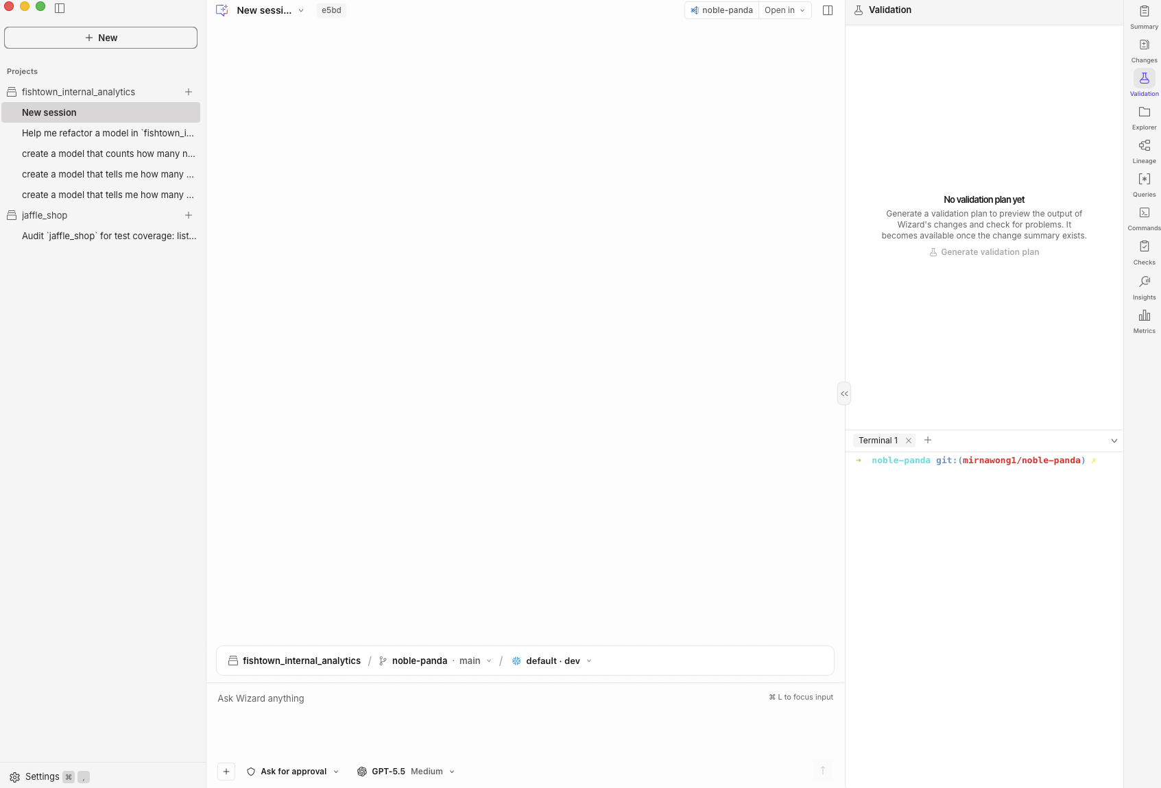 A new session, with the sidebar, chat composer, and Explorer pane