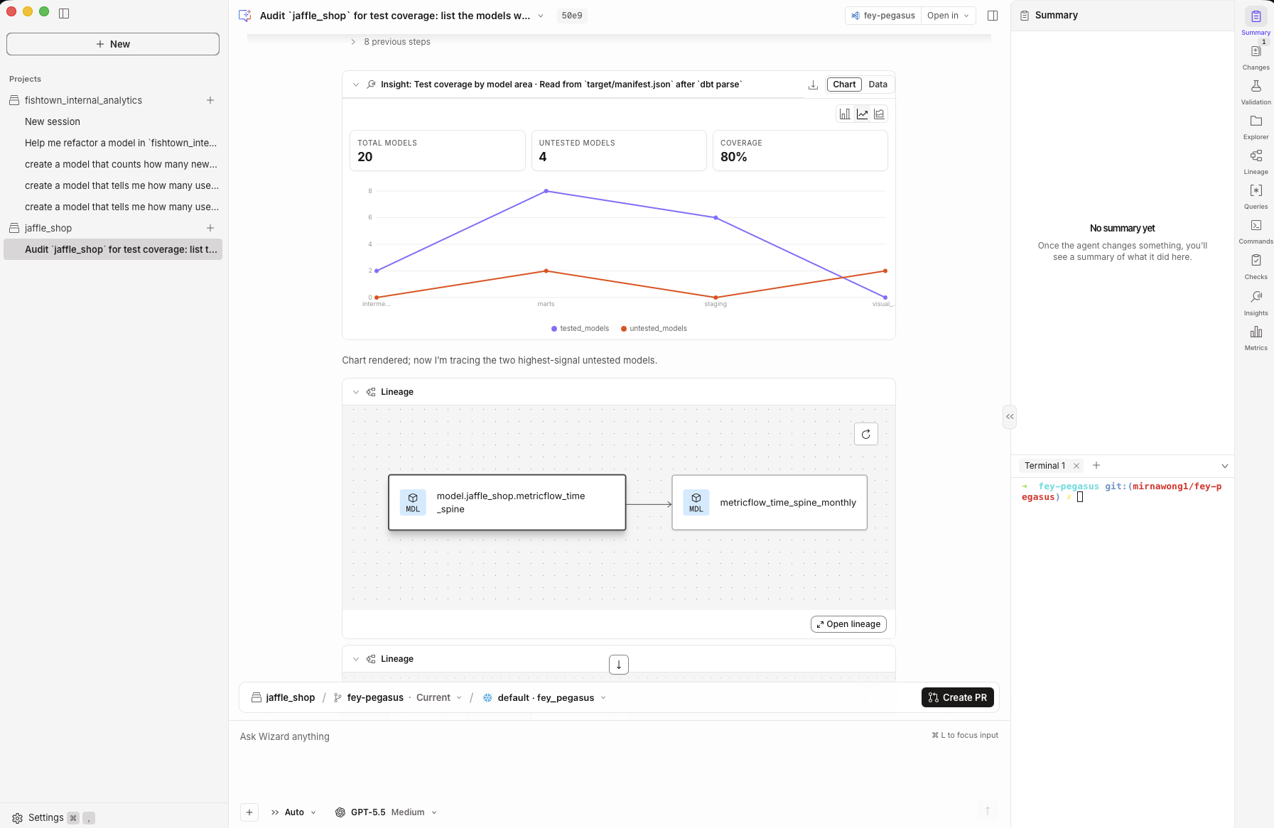 A session in progress, with a chart in the chat and validation results in the side pane A session in progress, with a chart in the chat and validation results in the side pane